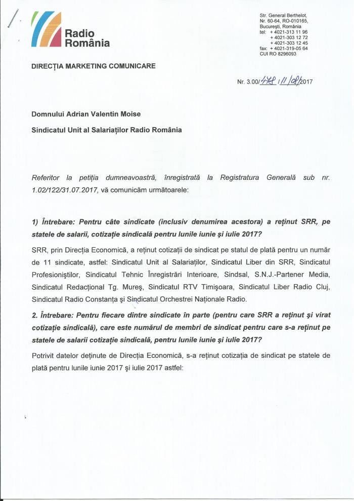 Raspuns SRR 3 00 478 din 11 08 2017 la petitia SUS 1 02 122 din 31 07 2017