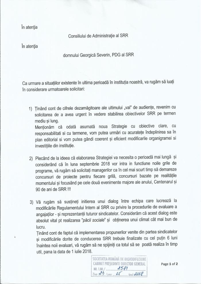 Solicitari catre conducerea executiva a SRR din partea celor 2 reprez salariati CA pg1