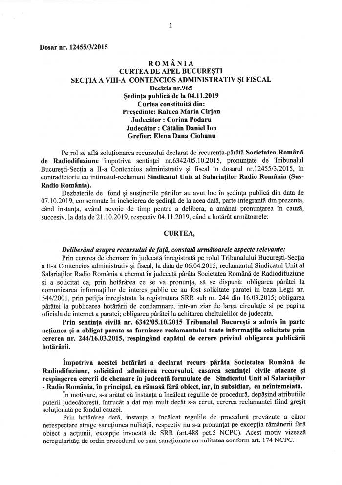 Decizia 965 2019 din dosar 12455 3 2015 p1